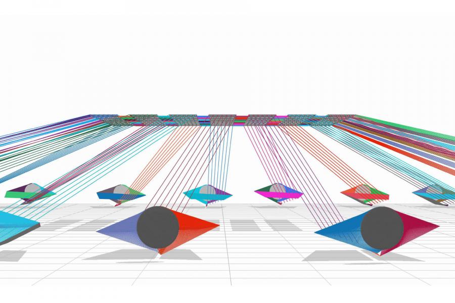 Abstract 3D illustration of geometric shapes with colorful beams converging downward.