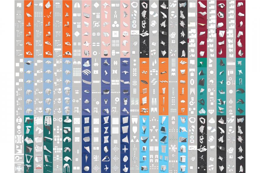 An array of colored columns on a grid background, each featuring a variety of abstract, geometric shapes in white.