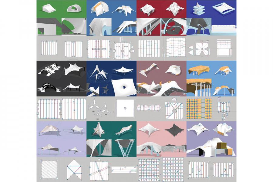 Collage of architectural designs showing various geometric structures and layouts.