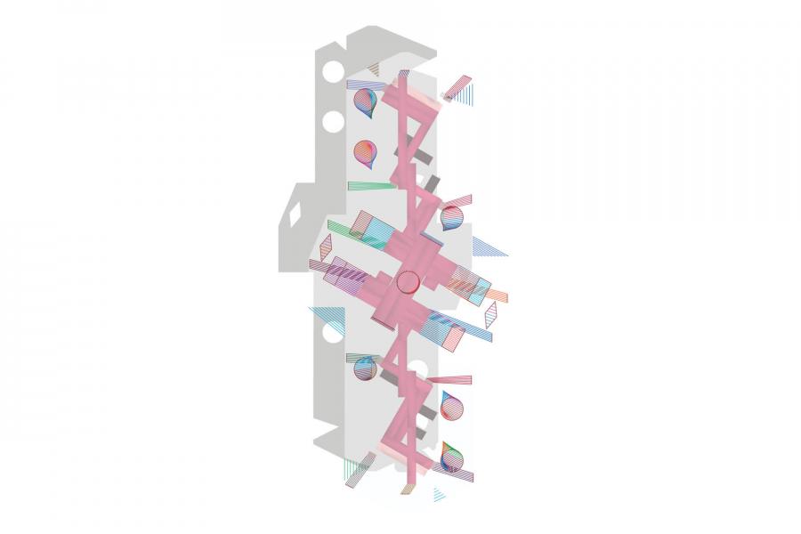 Abstract geometric design features a complex pattern of intersecting pink lines and shapes against a white background, with colorful grid textures.