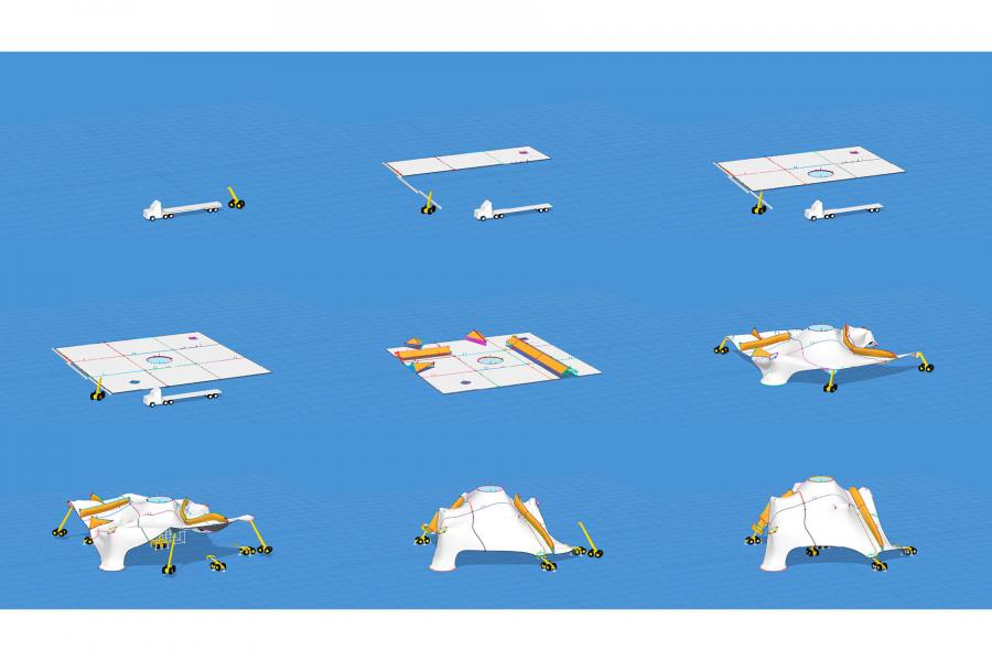 Illustration showing a nine-step assembly process of a structure. 