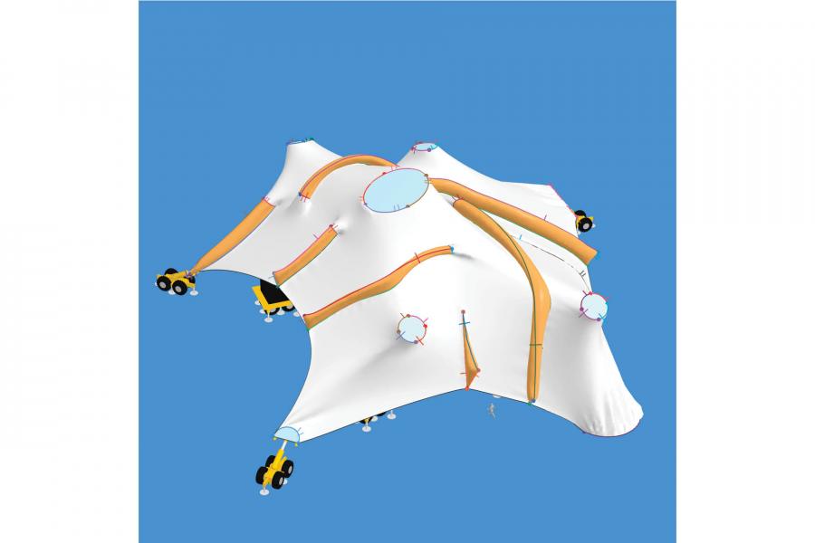 A futuristic canopy structure with orange beams and circular openings, resembling a tent-like dome, set against a clear blue sky.