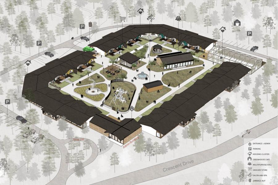 Aerial view of a building complex surrounded by trees, featuring clustered housing with pathways, gardens, and communal spaces inside a central courtyard.