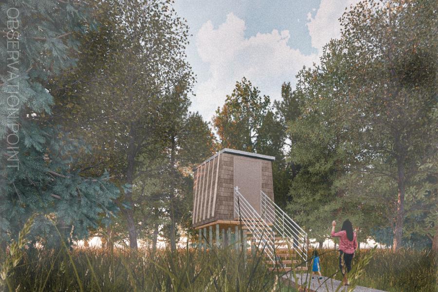 A small wooden observation cabin on stilts stands in a lush forest.