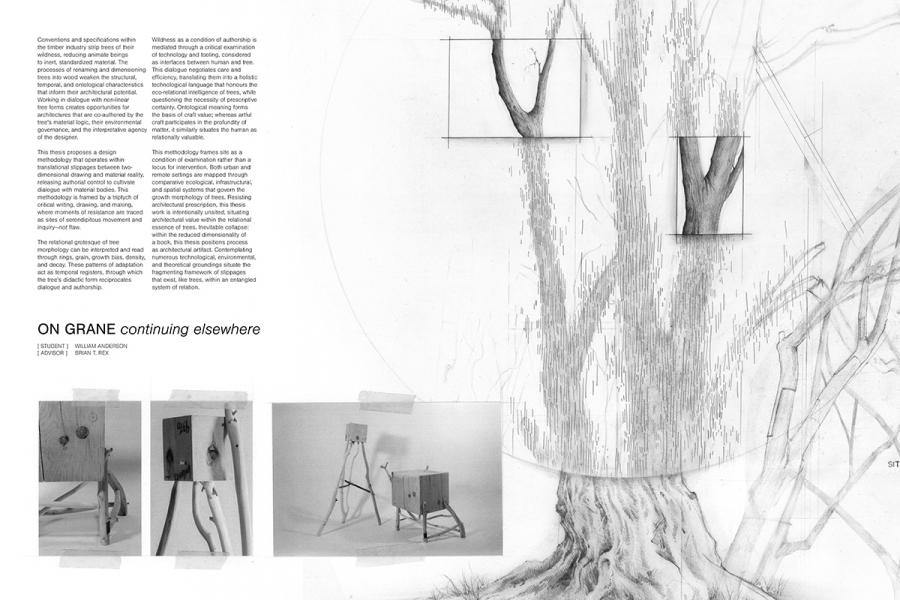 A detailed architectural drawing features a large tree with abstract diagrams highlighting multiple sections.
