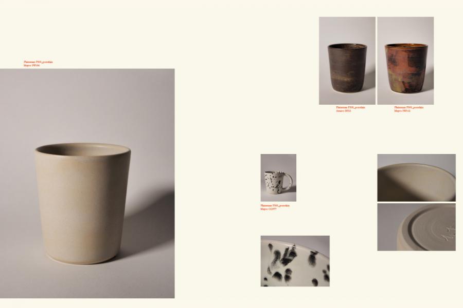 A collage of ceramic vessels featuring a beige cup, two rustic brown cups, a speckled mug, and close-ups of glaze textures.
