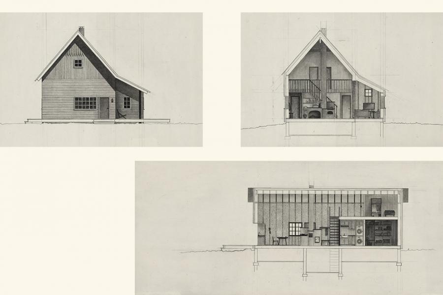 Architectural drawings of a house, including front elevation and two interior cross-sections showing a staircase, fireplace, and living spaces.