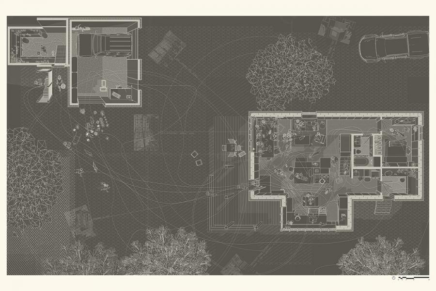 Blueprint of a modern house with detailed interior layout; features furniture, trees, and a vehicle.