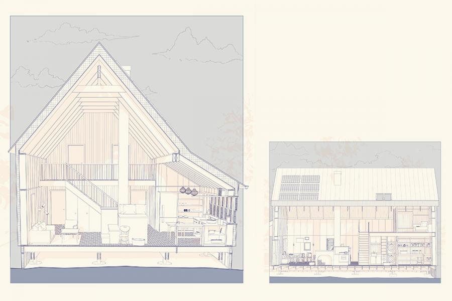 Cross-section architectural drawings of a house showing two levels. 