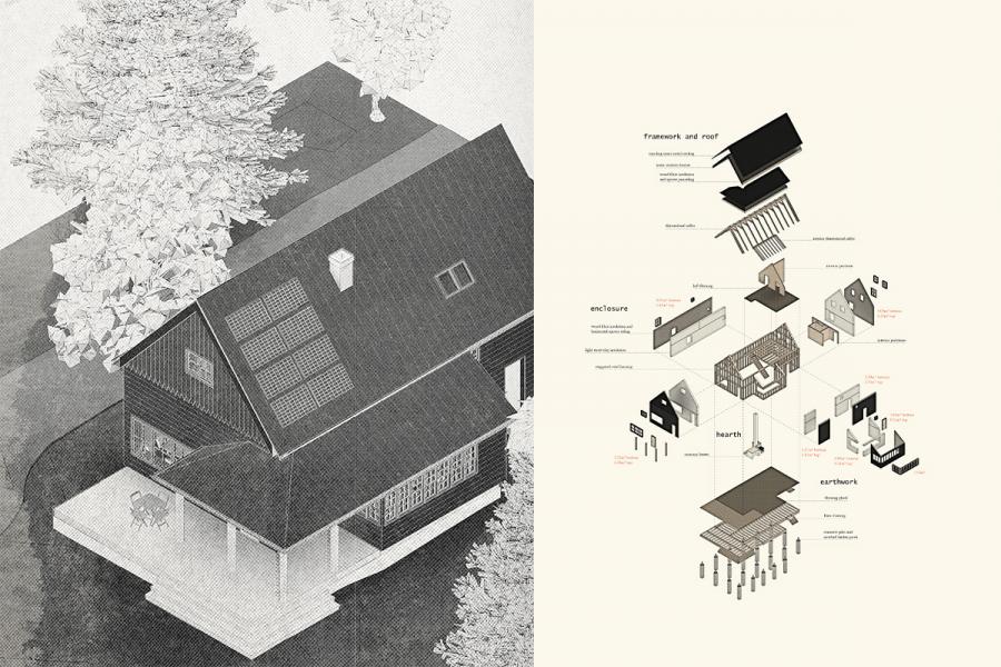 Isometric architectural drawing of a house with solar panels and trees on the left. On the right, an exploded view shows detailed construction components.