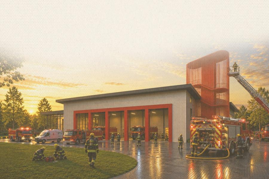 Rendering of firefighters in gear in a fire station at sunset.