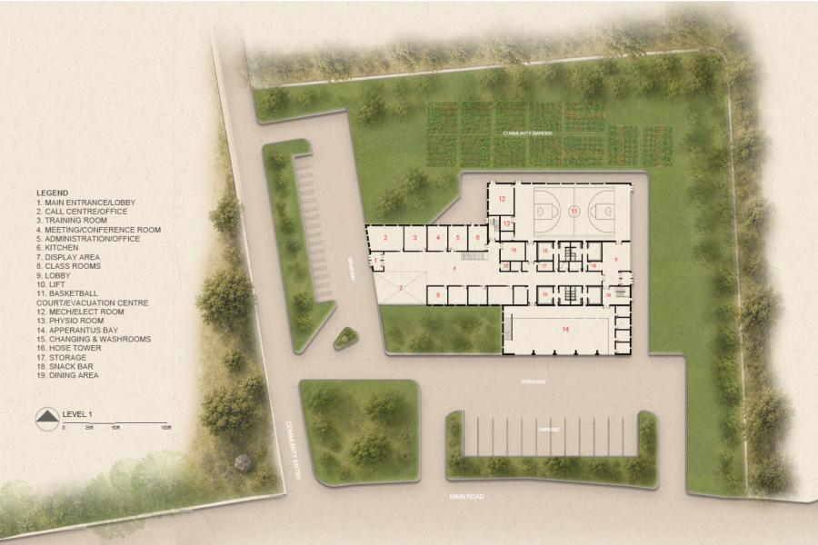 Floor plan of a building layout, labeled with numbered areas such as classrooms, lobby, and gym.