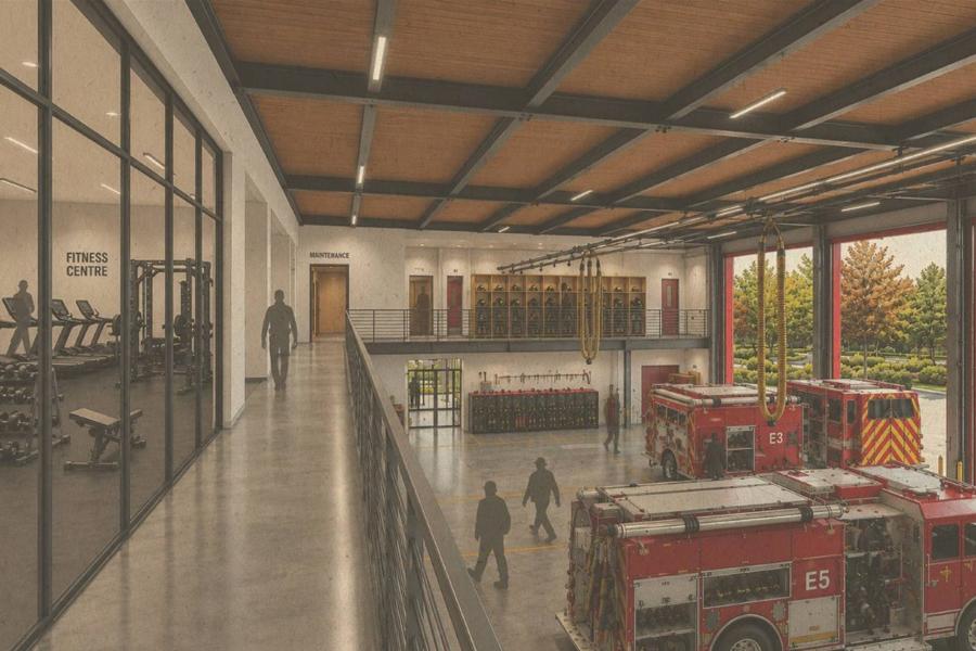 Interior rendering of a modern fire station with red fire trucks, firefighters in gear, a fitness center with gym equipment, and a ceiling with exposed beams.