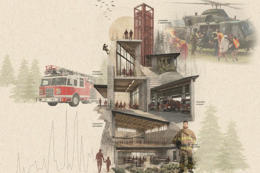 A cross-section illustration of a firefighting facility with four labeled levels: community gathering, training, equipment readiness, and conservation.