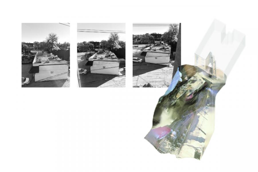 A collage of three black-and-white photos showcases a neighborhood with houses, trees, and cars.