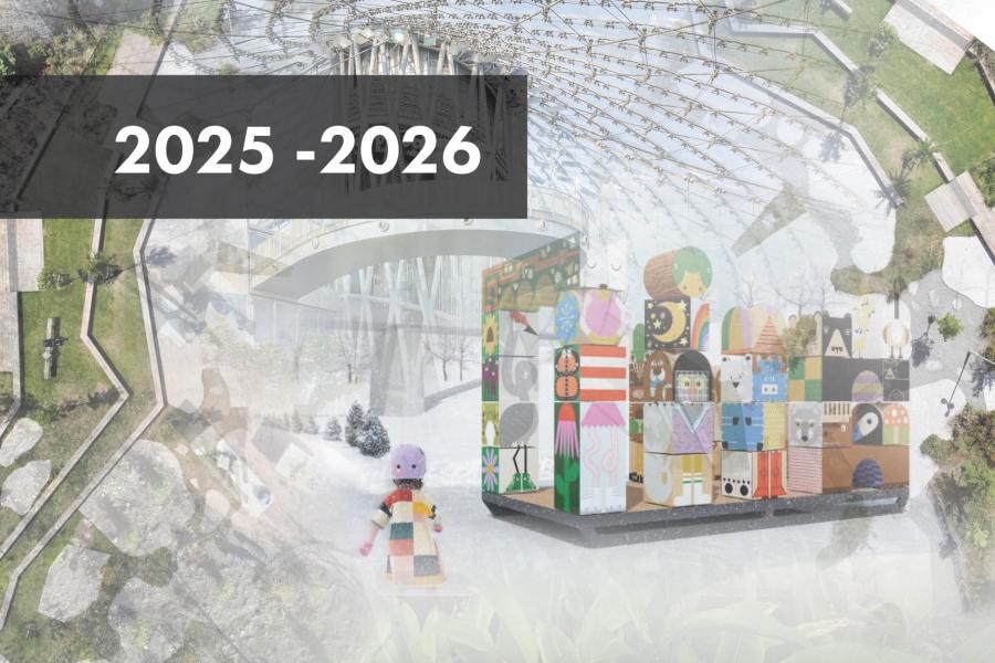 A blend of abstract art and lush greenery under a glass dome, featuring colorful geometric patterns and pathways."