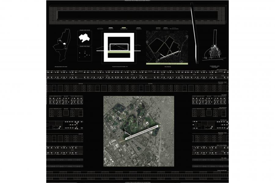 Dark aerospace control interface showing satellite imagery of a runway, technical diagrams, data panels, and navigation graphics in a precise, analytical style.