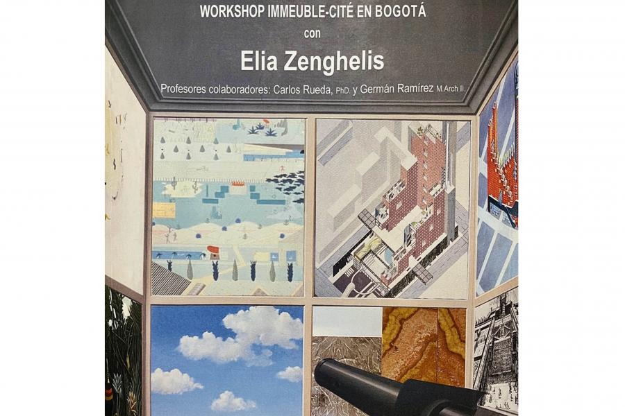 Poster for an architecture workshop in Bogotá with Elia Zenghelis; collage of landscapes, urban plans, buildings and a museum view.