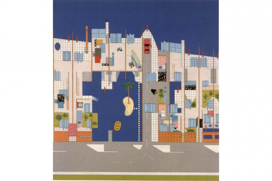 Colorful stylized cityscape with geometric buildings, balconies, palm trees, a floating figure, and a gray street beneath a deep blue sky.