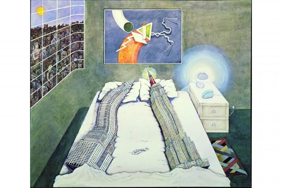 Surreal bedroom with a neatly made bed, patterned blankets, glowing bedside lamp, city window, and abstract wall art create a dreamlike mood.