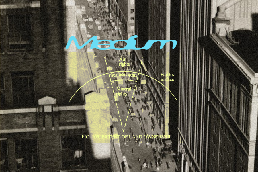 Sepia aerial view of a dense city street between skyscrapers, overlaid with yellow arcs labeling air rights, surface rights, mineral rights, and Earth’s surface.
