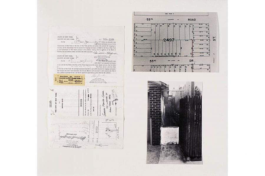 Collage of historic property documents, lot map labeled 2497, and black-and-white photo of a narrow brick alley and gate; archival tone.