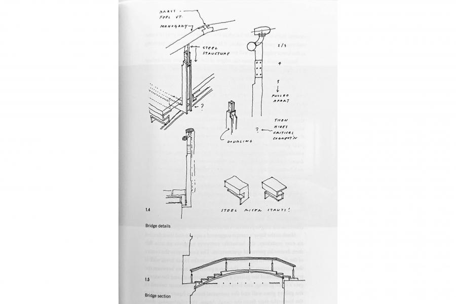 Hand-drawn engineering sketches show bridge supports, a tall column, street fixtures, construction details, and a curved bridge section.