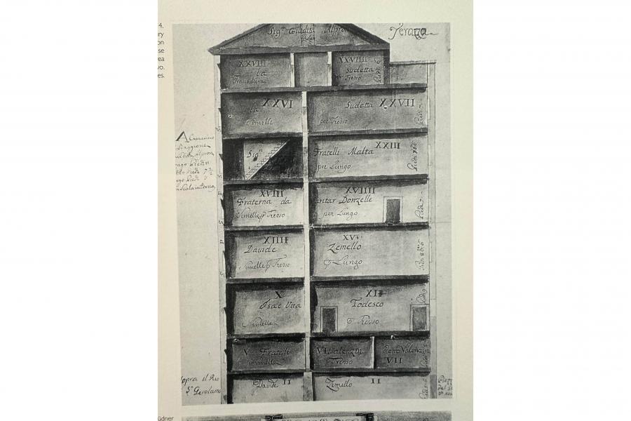 Black-and-white archival sketch of a tall wooden cabinet with stacked compartments, handwritten labels, and notes, evoking a historical record.