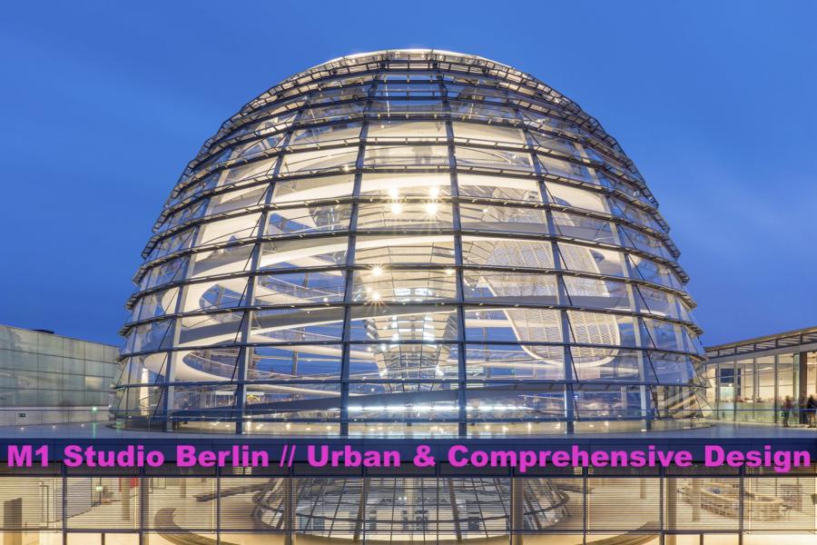 Futuristic glass-and-steel dome glows against a deep blue sky, with bold pink text reading “M1 Studio Berlin // Urban & Comprehensive Design.”
