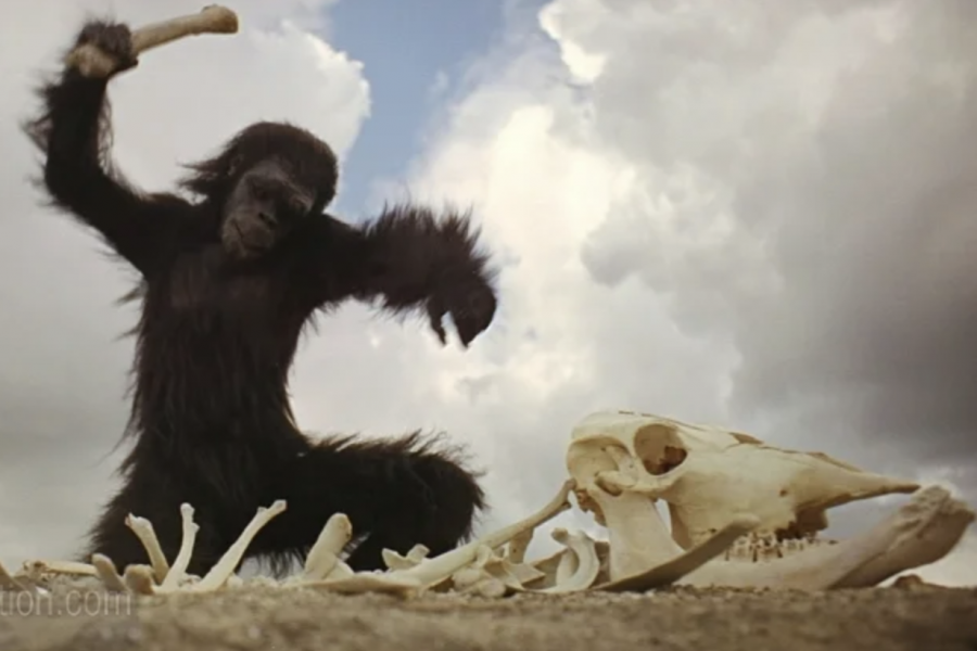 fake gorilla looking like it is hitting an animal skeleton