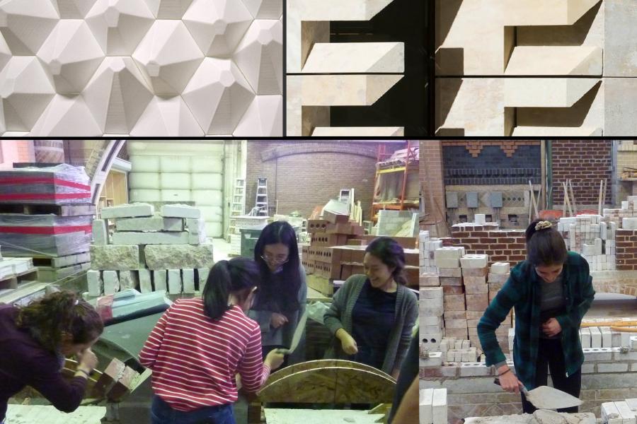 Collage of masonry styles and students mortaring a wall.