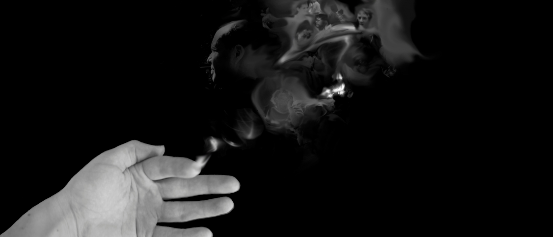 A black and white hand dissolves into plumbing smoke on a black background