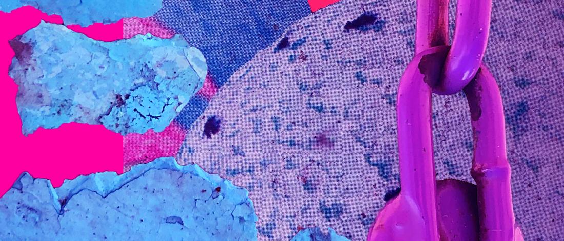 A vibrant abstract composition featuring fragments of blue textured surfaces, a pink chain link, and layered imagery with bold pink and blue tones.