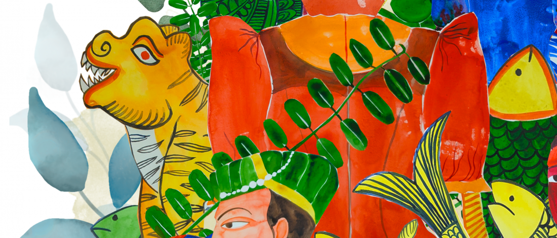 A vibrant painting featuring stylized figures, animals, and foliage in bold reds, greens, and yellows.