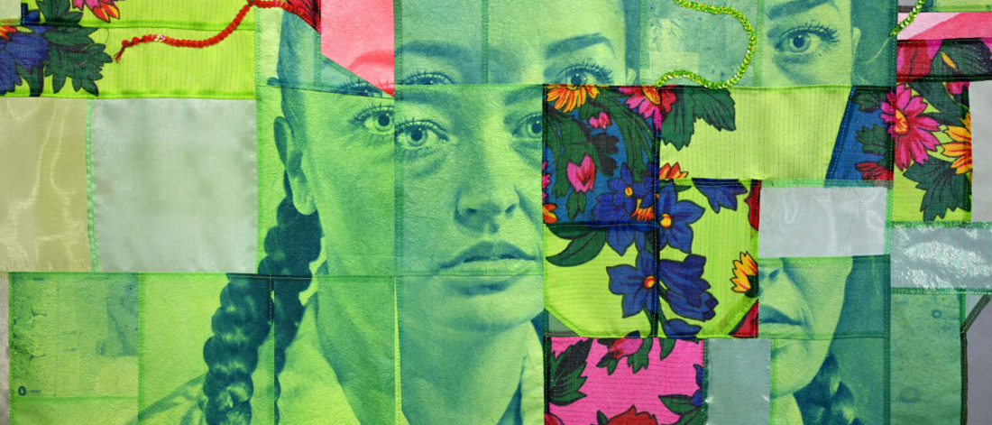A close-up of a neon green textile portrait showing a woman’s face and floral patterns pieced from synthetic fabrics and ribbons.