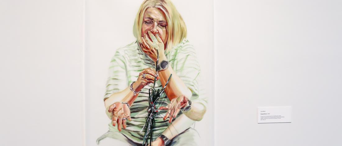 Painting of a seated woman with multiple overlapping arms, one hand covering her mouth, tangled cords running through her hands.