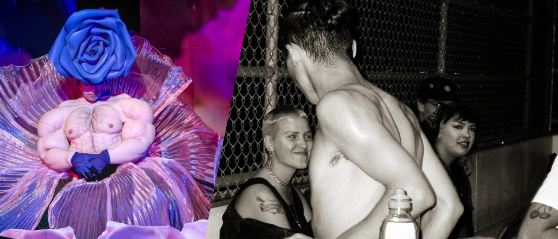 Split-image banner featuring a performer in a sculptural blue rose costume beside a black-and-white photograph of people gathered near a chain-link fence at night.