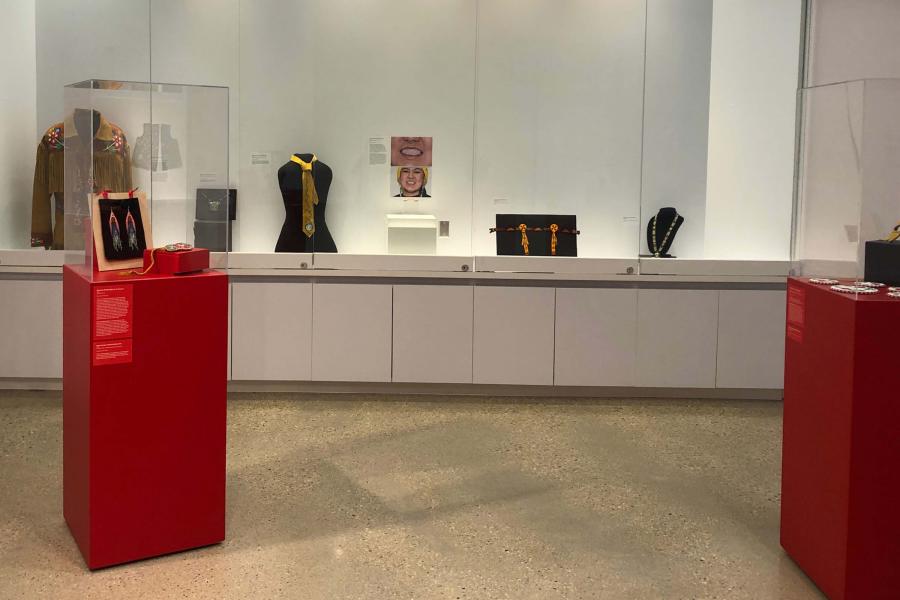 Items displayed on red pedestals and in glass cases for Adornment in the Collections Gallery.