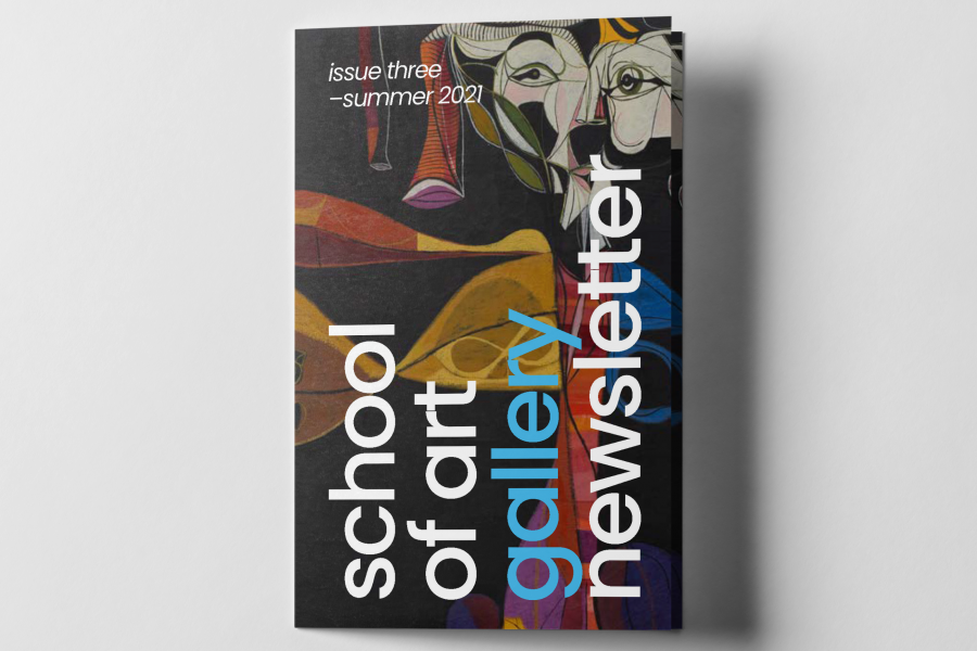 Cover of the School of Art Gallery Newsletter on a grey backdrop. Cover features the title text overtop a dark cubist painting