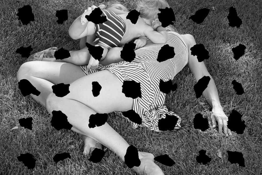 A black and white photograph of 3 children lying in the grass. Over layer with torn paper irregular shapes in a 25 piece gri. 