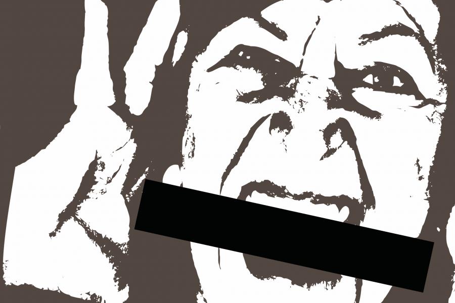 Black and white graphic of an unclose face screaming. A black bar covers the mouth. s