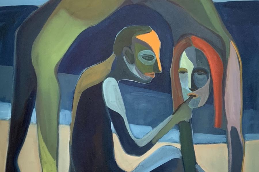 Abstract figurative painting with a mix of blue, green, and natural colours.Abstract painting with a mix of blue, green, and natural colours.
