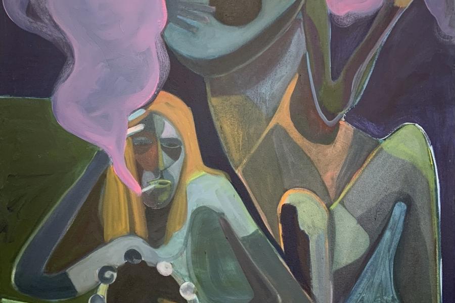Abstract figurative painting with a mix of blue, green, and natural colours.