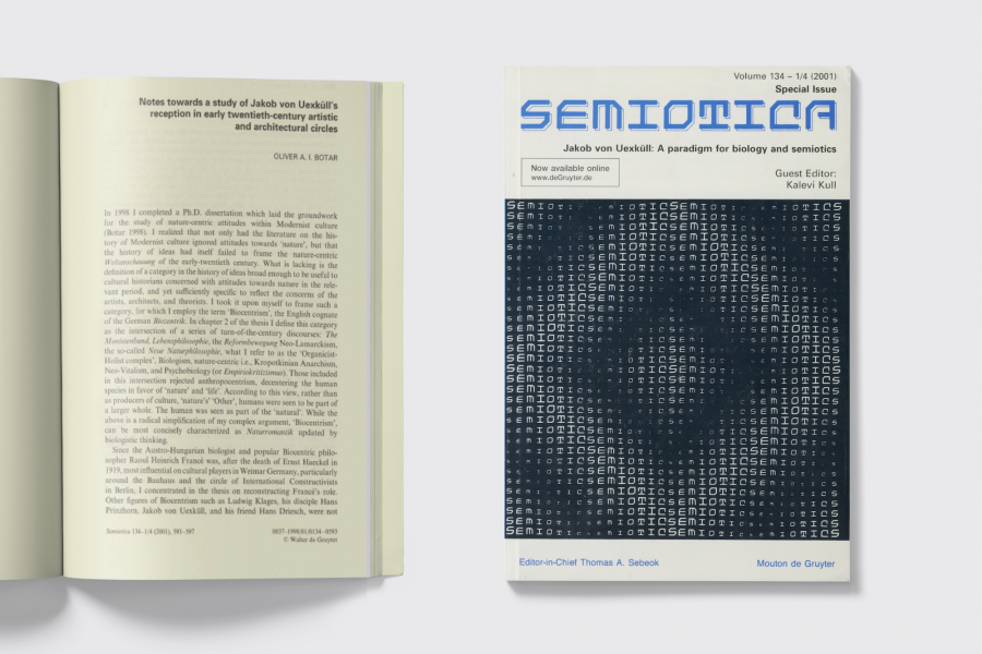Book cover reading "Semiotica vol. 134" beside an open book with article text too small to read.