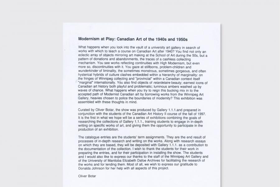 A white sheet of paper, face up, with typed "Modernism at Play Intro" text too small to read.
