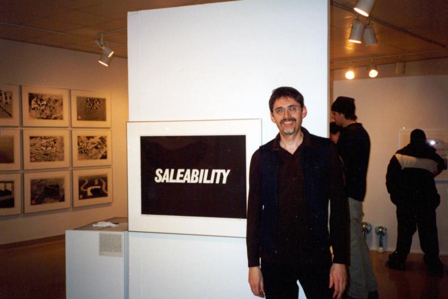 Oliver Botar standing inform of the exhibition opening That 70s Show, Gallery 111 November 2002.jpg