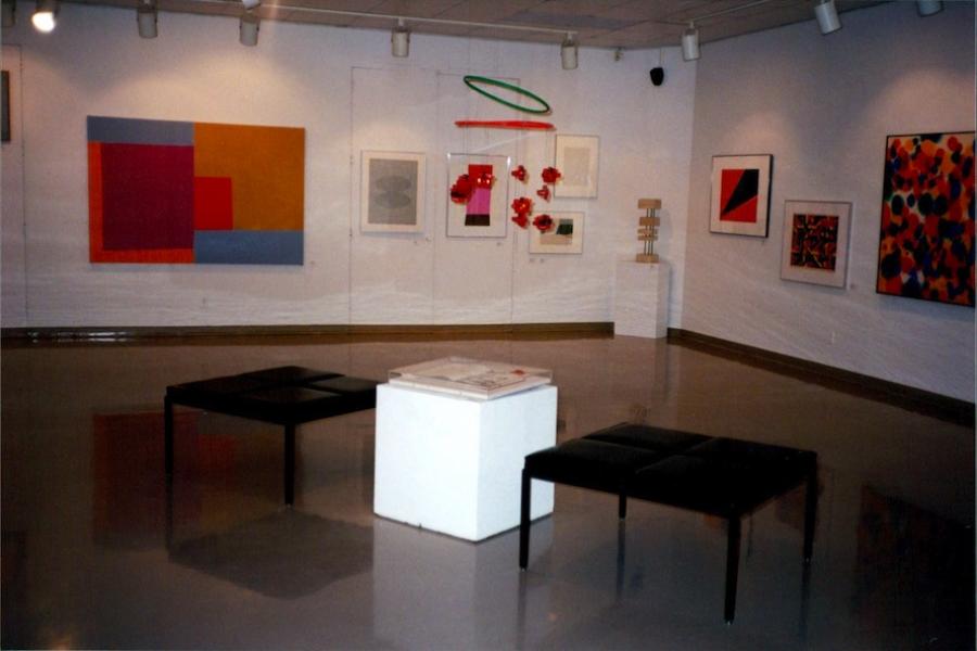 View of the gallery with white walls and multiple varying size colour art in the walls. 