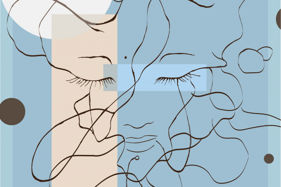 Abstract feminism face created with bran flowing lines on a blue background.