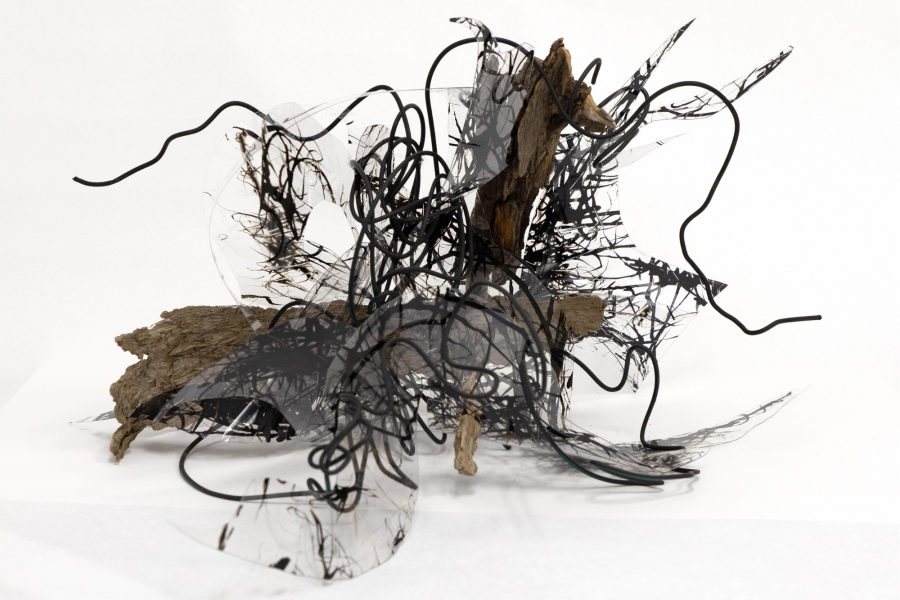 An abstract twisted black wire sculpture sits infant of a white background