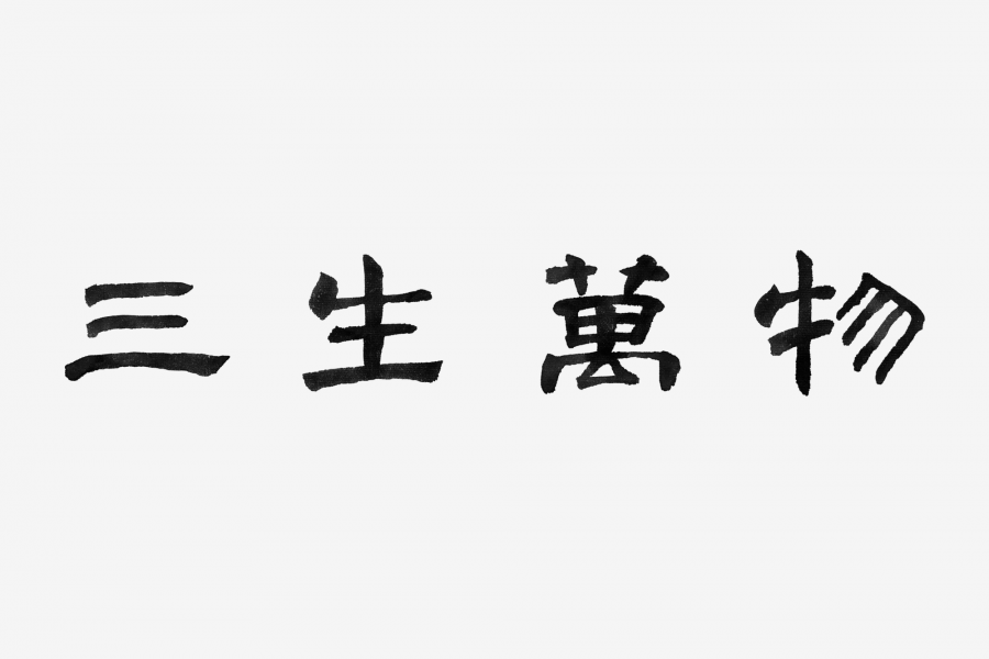 Black Chinese lettering reading 三生万物, on a light grey back ground
